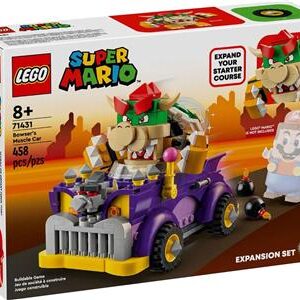 The white and red box for the LEGO Super Mario Bowser's Muscle Car Expansion Set (71431) is displayed from a slightly elevated angle, showcasing the front and left side. The front of the box features an image of a LEGO Bowser figure driving a purple muscle car against a stylized brown and orange background. To the right of the main image, a transparent outline of a LEGO Mario figure is shown with text indicating "MARIO FIGURE NOT INCLUDED." The box also displays the LEGO and Super Mario logos, the age rating "8+", the set number "71431," the set name "Bowser's Muscle Car," and the piece count "458 pcs." A red banner on the right side of the box states "EXPAND YOUR STARTER COURSE."