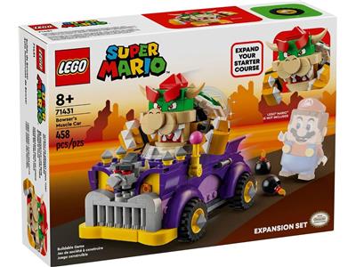 The white and red box for the LEGO Super Mario Bowser's Muscle Car Expansion Set (71431) is displayed from a slightly elevated angle, showcasing the front and left side. The front of the box features an image of a LEGO Bowser figure driving a purple muscle car against a stylized brown and orange background. To the right of the main image, a transparent outline of a LEGO Mario figure is shown with text indicating "MARIO FIGURE NOT INCLUDED." The box also displays the LEGO and Super Mario logos, the age rating "8+", the set number "71431," the set name "Bowser's Muscle Car," and the piece count "458 pcs." A red banner on the right side of the box states "EXPAND YOUR STARTER COURSE."